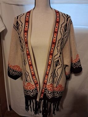 Jealous Tomato Aztec Southwestern Fringe Wrap Cardigan Large Boho